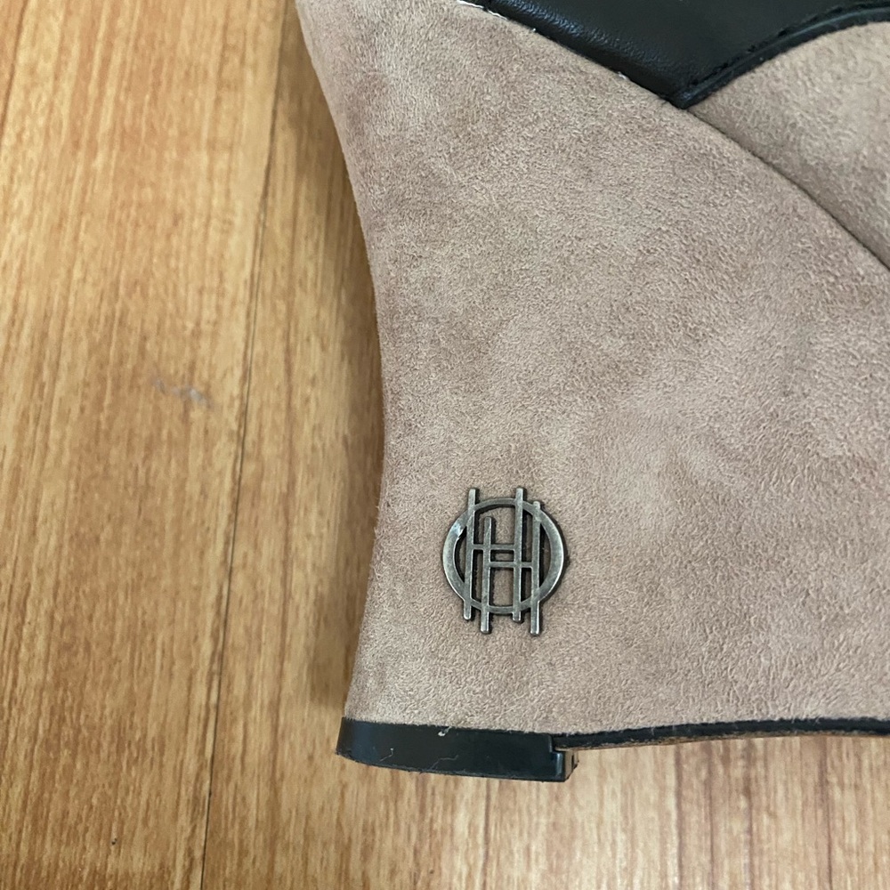 Women's Taupe Suede Wedge Ankle Boots with Black Strap Detail - Picture 6 of 8